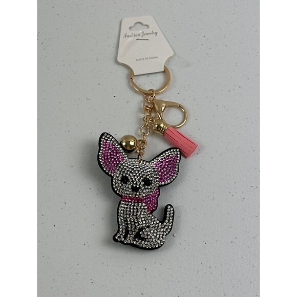 Sparkly Chihuahua Keychain With Pink Tassel & Gold Ring Lead Safe - Picture 2 of 3